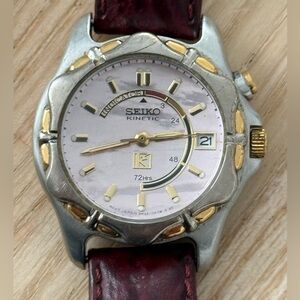 Seiko Kinetic Rare Pink Pearl Dial Automatic Vintage Ladies Watch Leather Strap